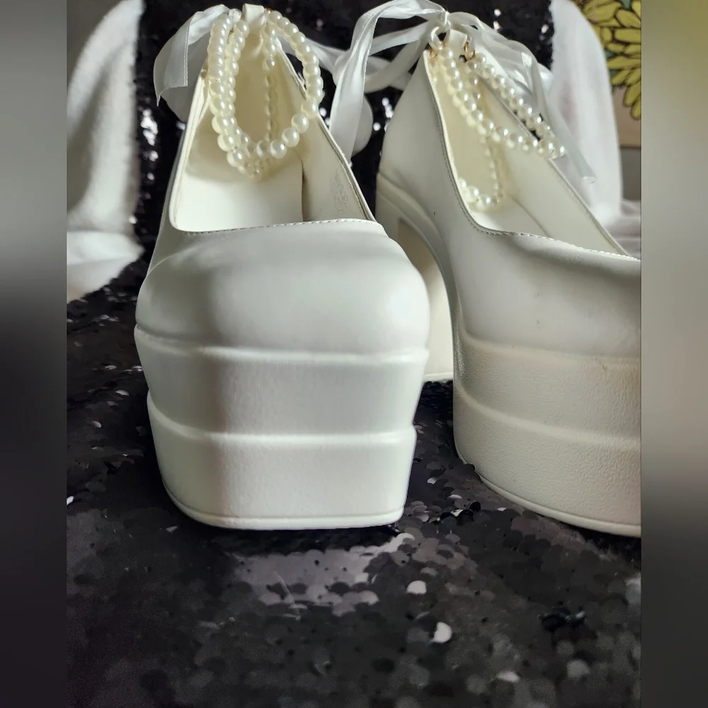 White platform Heels. With Pearl Ankle Strap Satin Bow - Picture 6 of 8